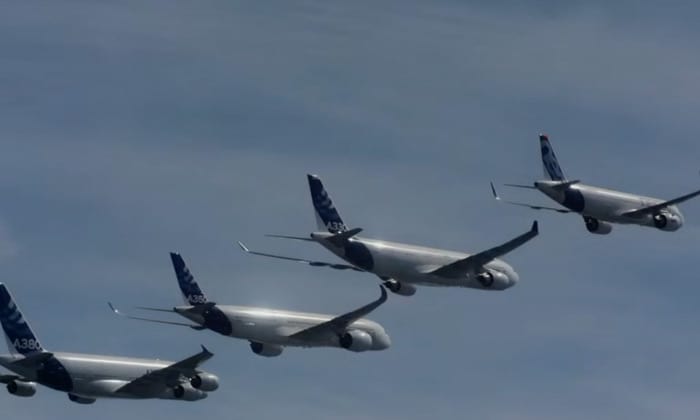 Imagefilm Airbus, Vier Flugzeuge nebeneinander in der Luft